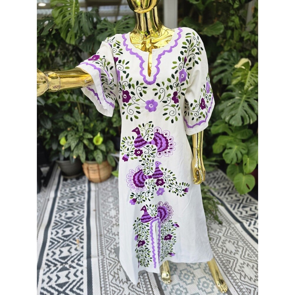 Vintage 1970s Mexican Embroidered Folk Dress – Boho Floral Puebla Tunic Size 8
